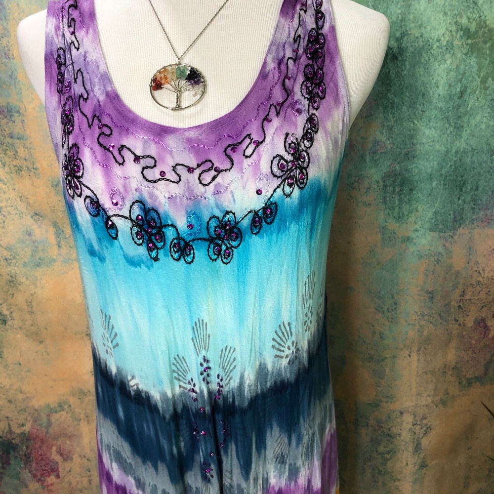 📌Shoreline Handkerchief Relaxed Fit One Size Tie Dye Tank Dress - Picture 3 of 16